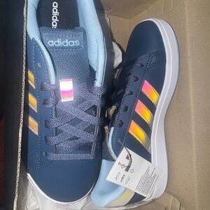 Adidas Blue Sneakers with Pink and Yellow Stripes
